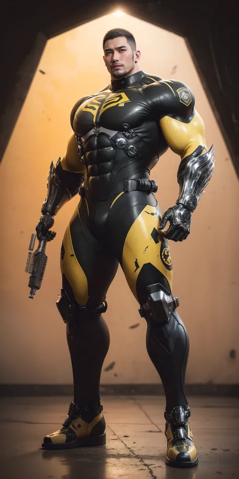 Tall giant muscular police officer，Yellow and black camouflage patterned nano mecha，Honeycomb pattern，Lightweight texture，Character Concept（Resident Evil - Chris Redfield，Chris Redfield）senior police officer，Small grid texture，Regular symmetrical texture p...