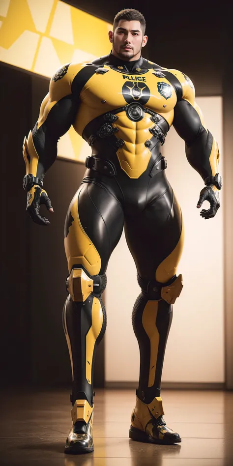 Tall giant muscular police officer，Yellow and black camouflage patterned nano mecha，Honeycomb pattern，Lightweight texture，Character Concept（Resident Evil - Chris Redfield，Chris Redfield）senior police officer，Small grid texture，Regular symmetrical texture p...