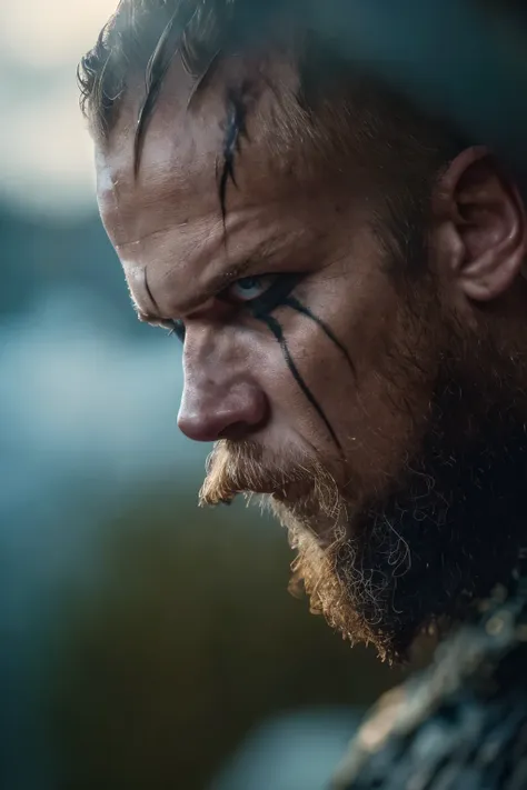 hyper-realistic cinematic artwork of floki from the vikings series, captured in a dynamic pose with the sensation of movement, a...