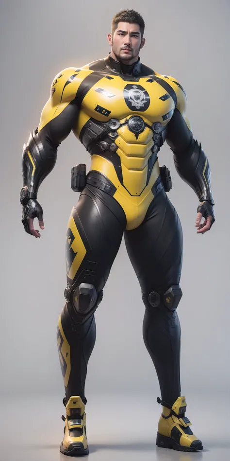 Tall giant muscular police officer，Yellow and black camouflage patterned nano mecha，Honeycomb pattern，Lightweight texture，Character Concept（Resident Evil - Chris Redfield，Chris Redfield）senior police officer，Small grid texture，Regular symmetrical texture p...