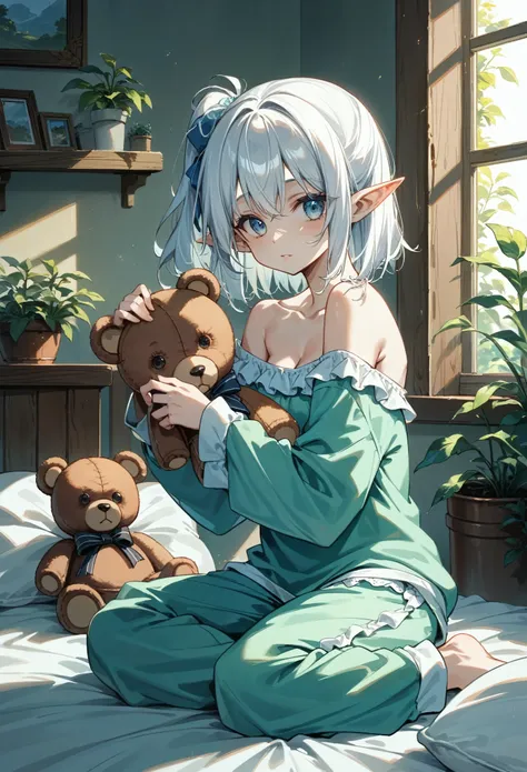 (mastepiece:1.2), detailed fingers, beautiful woman, sitting on bed, wearing loose off-shoulder top, pajama pants, white hair, s...