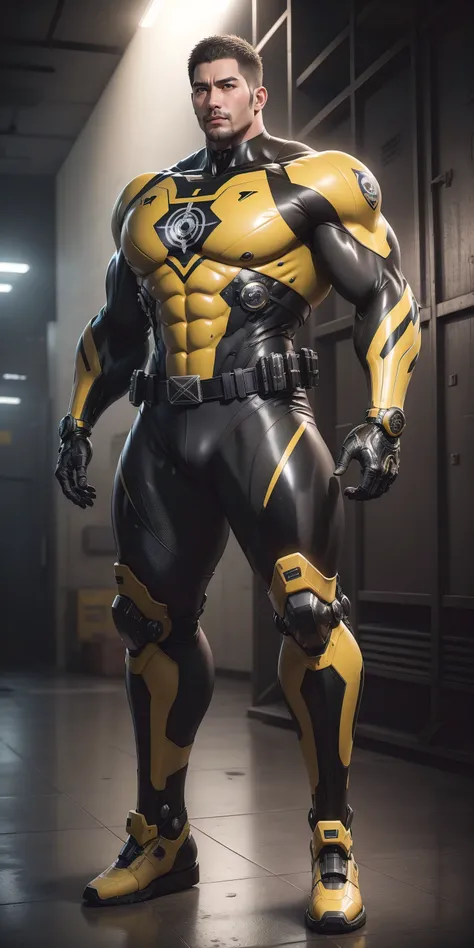 Tall giant muscular police officer，Very long legs，Yellow and black camouflage patterned nano mecha，Honeycomb pattern，Lightweight texture，Exquisite belt，Character Concept（Resident Evil - Chris Redfield，Chris Redfield）senior police officer，Small grid texture...