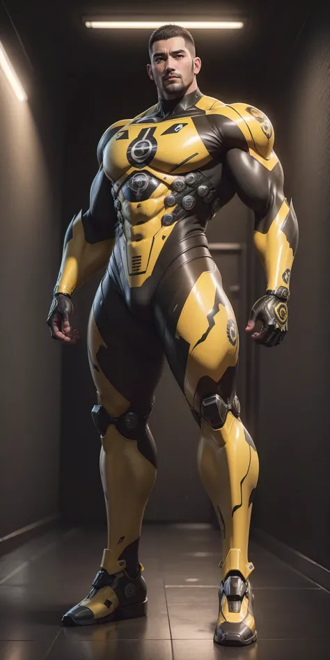 Tall giant muscular police officer，Buzz Cut，Very long legs，Yellow and black camouflage patterned nano mecha，Honeycomb pattern，Lightweight texture，Character Concept（Resident Evil - Chris Redfield，Chris Redfield）senior police officer，Small grid texture，Regul...