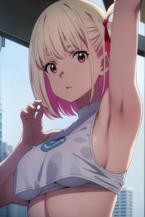 [Core Concept] A detailed, high-resolution illustration of the anime character Chisato Nishikigi in a provocative, outdoor city setting.

[Character Description] Chisato Nishikigi, with short blonde hair, bangs, and red eyes, is depicted wearing a white sh...