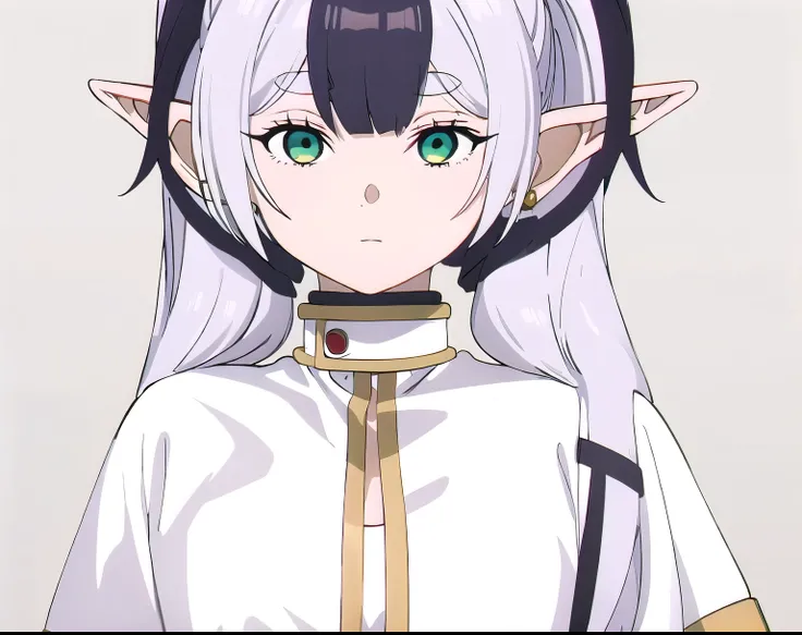 masterpiece, best quality, (illustration), close-up, solo, sexy, Frieren, pointy ears, twintails, green eyes, elf, long hair, white hair, thick eyebrows, parted bangs, breasts, standing