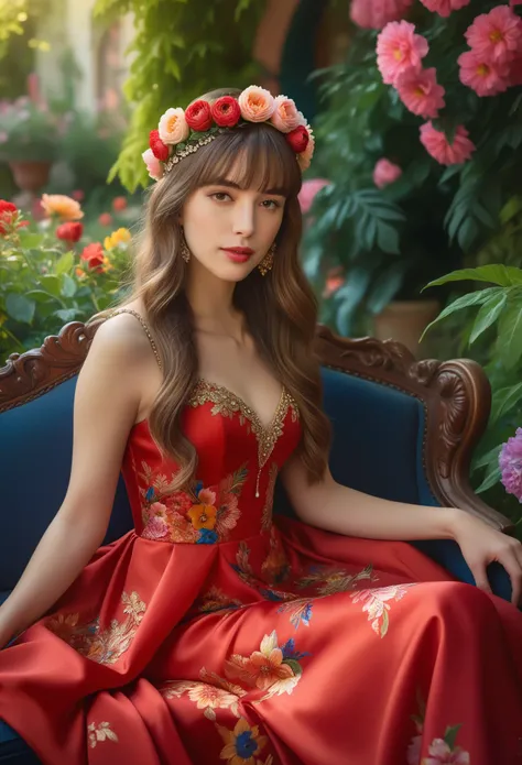 (Best Quality, 4K, 8K, High Definition, Masterpiece:1.2), (Ultra Detailed, Realistic, Photorealistic:1.37), a beautiful young woman with delicate facial features,flower crown,long elegant hair, blunt bangs, ornate jeweled headpiece,red silk dress,sitting i...