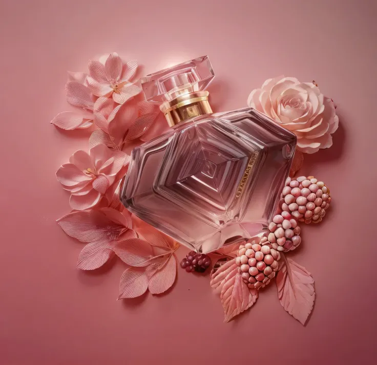 Create an image of a perfume on a pink background, with a design of flowers and blackberry fruit in high relief coming out slightly from the background, with a golden line delicately passing through, forming a drop at the end,
Follow the reference image ex...