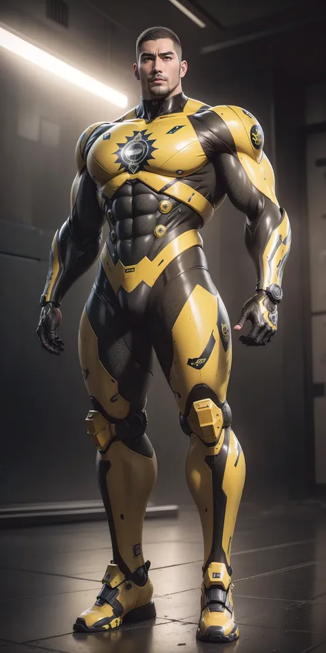 Tall giant muscular police officer，Buzz Cut，Very long legs，Yellow and black camouflage patterned nano mecha，Honeycomb pattern，Lightweight texture，Character Concept（Resident Evil - Chris Redfield，Chris Redfield）senior police officer，Small grid texture，Regul...