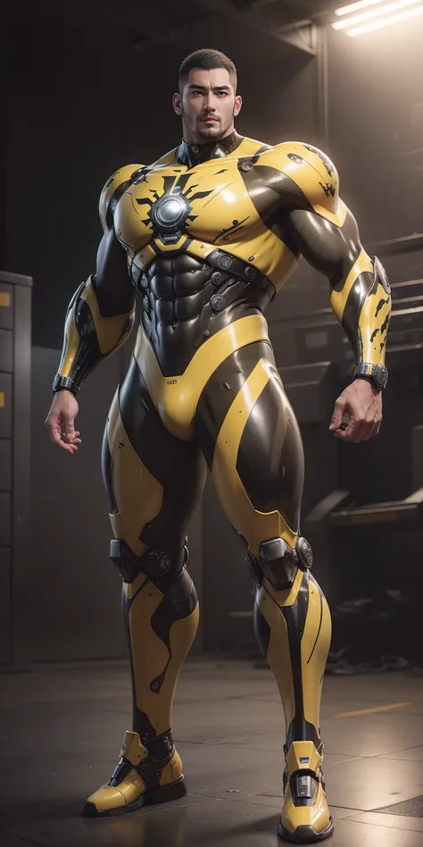 Tall giant muscular police officer，Buzz Cut，Very long legs，Yellow and black camouflage patterned nano mecha，Honeycomb pattern，Lightweight texture，Character Concept（Resident Evil - Chris Redfield，Chris Redfield）senior police officer，Small grid texture，Regul...