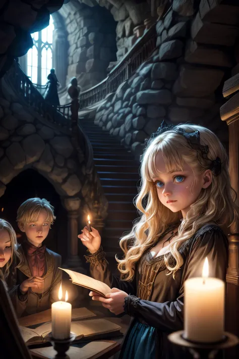 illustration of 15 years old Virginia Otis blonde hair blue eyes youngest cute face, from the Canterville Ghost, furtively observing a group of followers of the Goddess Freia who are celebrating a forbidden ritual inside a mysterious cave. We are sure that...