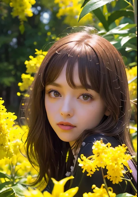 Psychedelic world、Gothicta、Cute 1、18-year-old girl、Big eyes、Small breasts、Light Goldenrod Yellowの髪、Colorful flowers background、Fractal Background、Perfect lighting、Sharp focus、High resolution、High resolution、High color reproducibility、High resolution、Advanc...