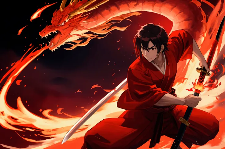 Japanese anime swordsman wearing a red outfit, a red robe, standing in front of a Japanese village, holding a red sword on fire, using the ultimate move, the Fire Dragon move.