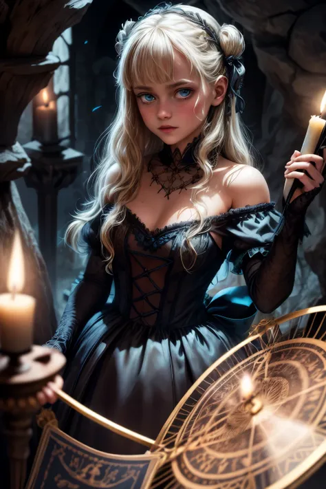 illustration of 15 years old Virginia Otis blonde hair blue eyes youngest cute face, from the Canterville Ghost, furtively observing a group of followers of the Goddess Freia who are celebrating a forbidden ritual inside a mysterious cave. We are sure that...