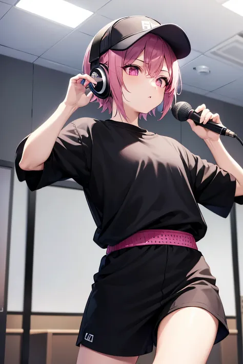 Baggy black training clothes、Wearing headphones、B BOYみたいな感じ、Nightclub、Feeling like a jerk、Pink Hair Color、Pink short hairstyle、Black jersey、I have a microphone.、Wear glasses、Wearing a sun visor、