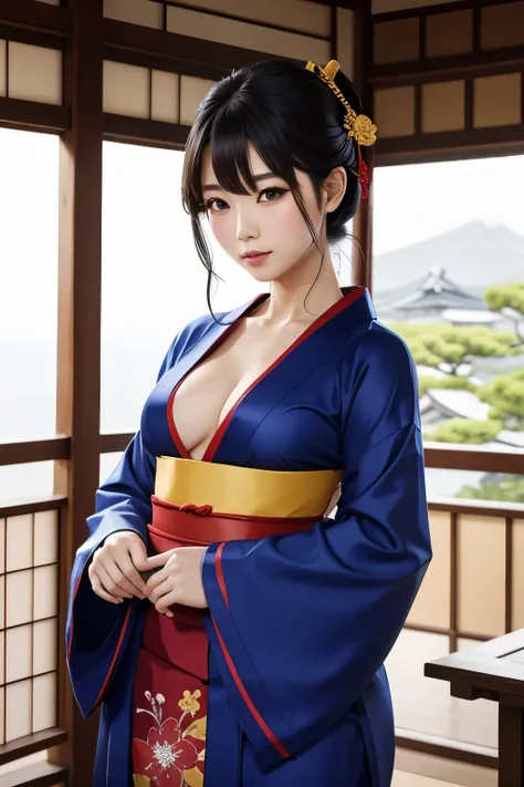 feudal japanese beautiful and sexy lady, wearing a yukata of blue, red and yellow colors