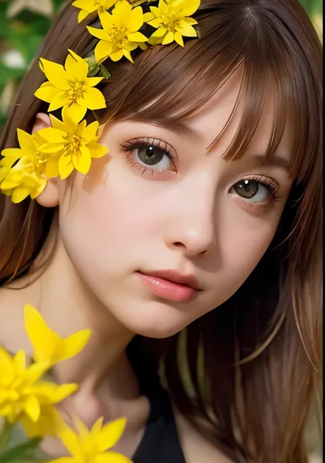 Psychedelic world、Gothicta、Cute 1、18-year-old girl、Big eyes、Small breasts、Light Goldenrod Yellowの髪、Colorful flowers background、Fractal Background、Perfect lighting、Sharp focus、High resolution、High resolution、High color reproducibility、High resolution、Advanc...