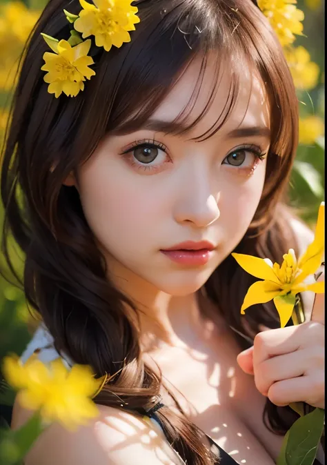 Psychedelic world、Gothicta、Cute 1、18-year-old girl、Big eyes、Small breasts、Light Goldenrod Yellowの髪、Colorful flowers background、Fractal Background、Perfect lighting、Sharp focus、High resolution、High resolution、High color reproducibility、High resolution、Advanc...