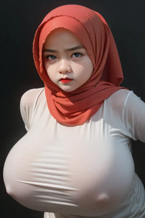 ((4x-UltraSharp)), ((Red Lips)), (((Jilbab))), ((GOTHIC GOTH GIRL BLACK LIPS)), Jumbo (Singlet), Chubby adorable, 1 girl, (face to face), 10 years old, baby face, angry face expression, half body portrait, (face details: 1), (eye details: 1), ((big breasts...