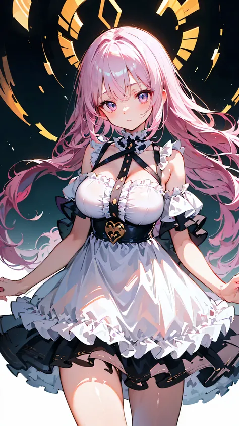Ultra-high resolution, 8k,high quality,(((Cute tops,dress,Frills))),(Retrospective angle,Cunning Hand),(、glowing、iridescent light,soft shadow,Anime Painting,thin line drawing),One Little Woman,(((giga breasts,))),