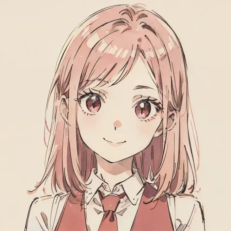 a girl with shoulder-length pink hair, her hair loose, red eyes, cute smile, wearing a white shirt with a red striped tie