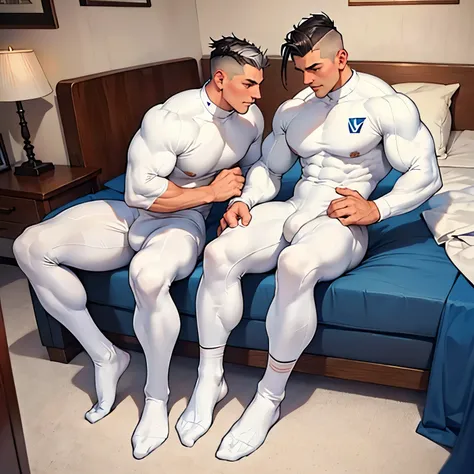 full body view, two young famous white european handsome bodybuilt athletes males with clean shaved styled undercut haircuts in white tight lycra fullsuit, white lycra socks, no shoes, admiring each others monstuously over-inflated bloated round swollen pe...