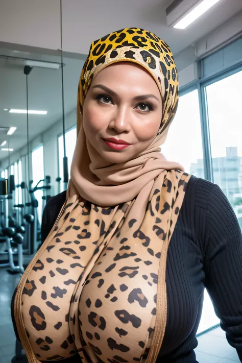 ((Leopard pattern)), ((A MILF:1)), ((CHEERFUL FACE EXPRESSION)), ((SHORT HIJAB)), ((Gigantic:1.8)), (dynamic photograph of a 58 year old Indonesian woman), (highly detailed face:1.4), (vascular muscles and abs:1.3), (background inside light, bright, privat...