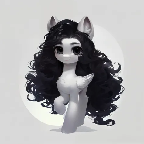 rating_safe, score_9, fluffy, feral pegasus pony, male,round cute face，Light gray body，Black mane，Long hair，Wearing hair，Big wavy hair，Black eyes，Cool，elegant。Standing picture, Ray Tracing。whole body。Standing。White background,Full body painting。Lovely，youn...