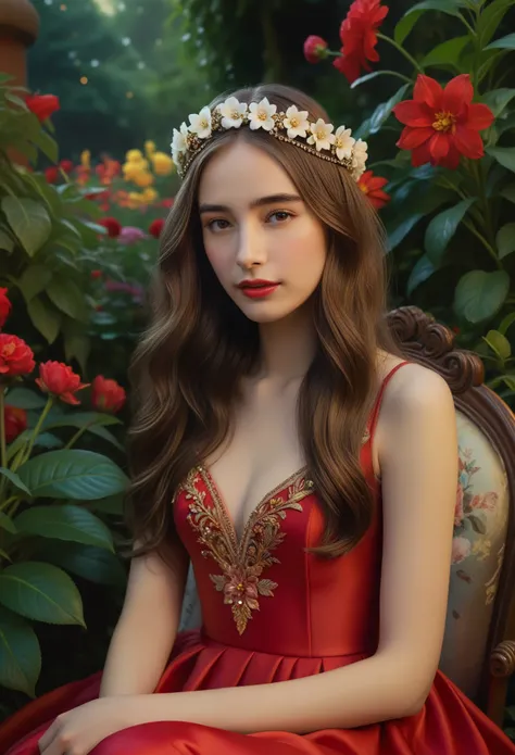 (Best Quality, 4K, 8K, High Definition, Masterpiece:1.2), (Ultra Detailed, Realistic, Photorealistic:1.37), a beautiful young woman with delicate facial features,flower crown,long elegant hair,ornate jeweled headpiece,red silk dress,sitting in a lush garde...