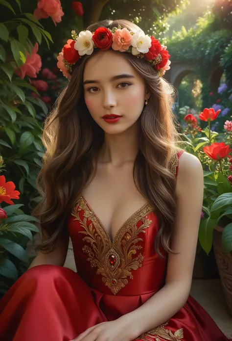 (Best Quality, 4K, 8K, High Definition, Masterpiece:1.2), (Ultra Detailed, Realistic, Photorealistic:1.37), a beautiful young woman with delicate facial features,flower crown,long elegant hair,ornate jeweled headpiece,red silk dress,sitting in a lush garde...