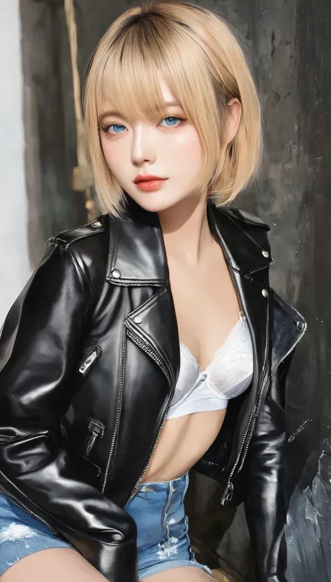 Highest quality、masterpiece、(((Black leather jacket:1.37、Black leather jacket、Black jacket)))、break、angle above the knee、Beautiful and fair、Glowing Skin, 3 Up, Nice, bright, Refreshing and gentle look, Perfect beautiful face、Blonde Short Hair，Beautiful shi...