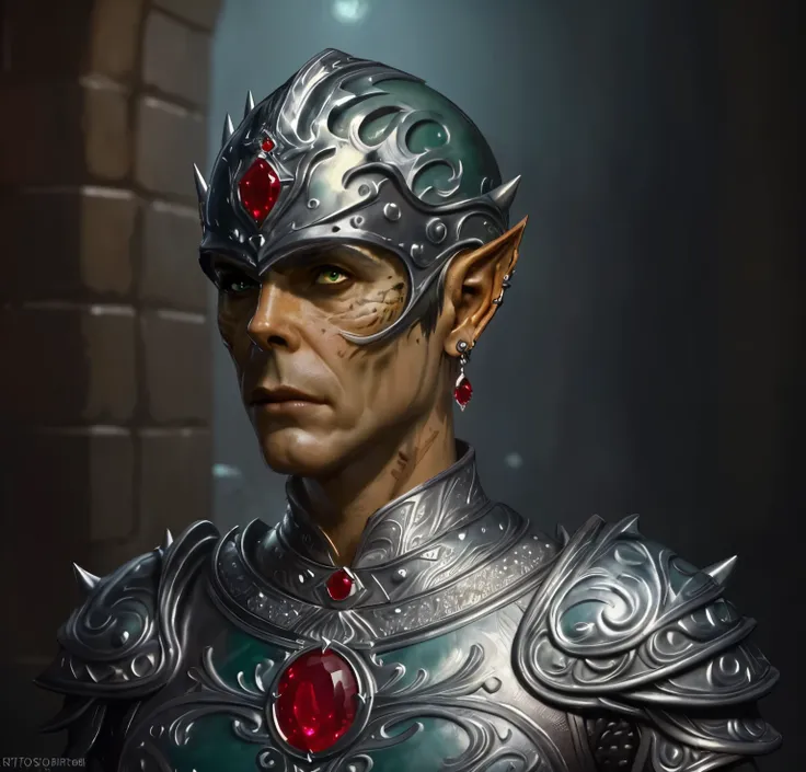 githyanki, dark green skin,  solo, looking at viewer, male, blacked out leather armor, bald , spiky earrings, male focus, portra...