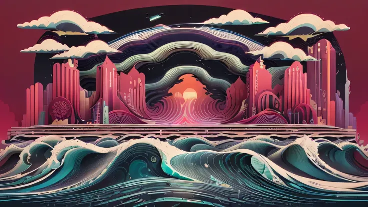 a poster with the image of a city and a wave, just a joke, surreal drawing, Ondas LSD, Surreal psychedelic design, ultra detailed 3d japanism pop, kilian eng vibrant colors, kilian eng vibrant colors, 3d grainy aesthetic illustration, otherworldly visuals,...