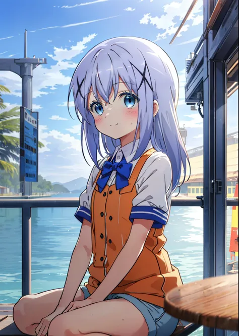 chino kafuu, is the order a rabbit,short-sleeved uniform,evening,sunset sky,seaside,orange clouds,check it out, long hair, bangs...