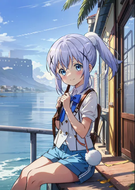 chino kafuu, is the order a rabbit,short-sleeved uniform,evening,sunset sky,seaside,orange clouds,check it out, long hair, bangs...