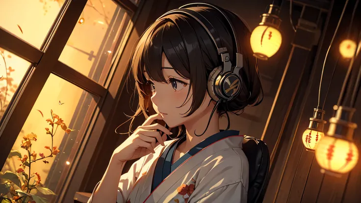 Wearing headphones、Cute Japanese、Fireflies are flying outside the window、Japanese Anime、