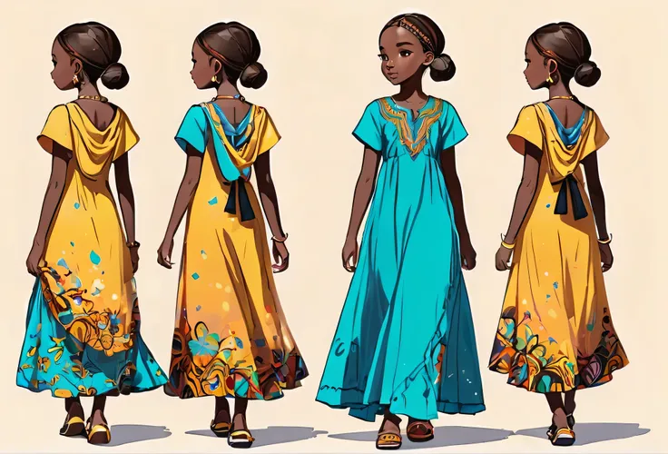  13 years old teenage girl casual dress, walking, (character design sheet) same character front, side, back
African (masterpiece best quality:1.2) delicate illustration ultra-detailed, illustrations, bright, colourful, 