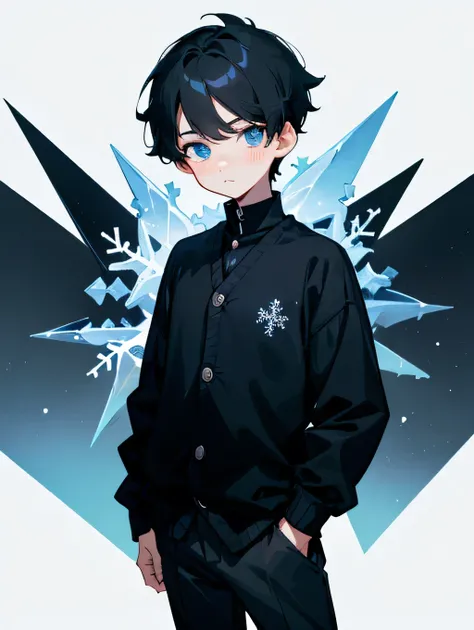 1boy, short black hair, dark blue eyes, (((cute face))), black shirt, navy cardigan, balck pants, standing,hands in pocket, white clear background, icy snowflakes background