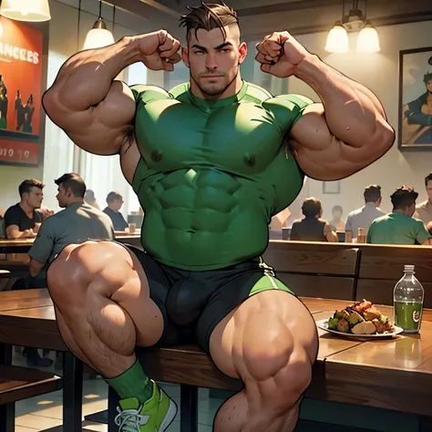 full view full body, A white bodybuilder male with undercut light-brown haircut, eating protein powder in bowl, is wearing a tight lycra dark-green shirt and dark-green lycra shorts, green lycra socks and white trainers flexing his over-Muscular arms up in...