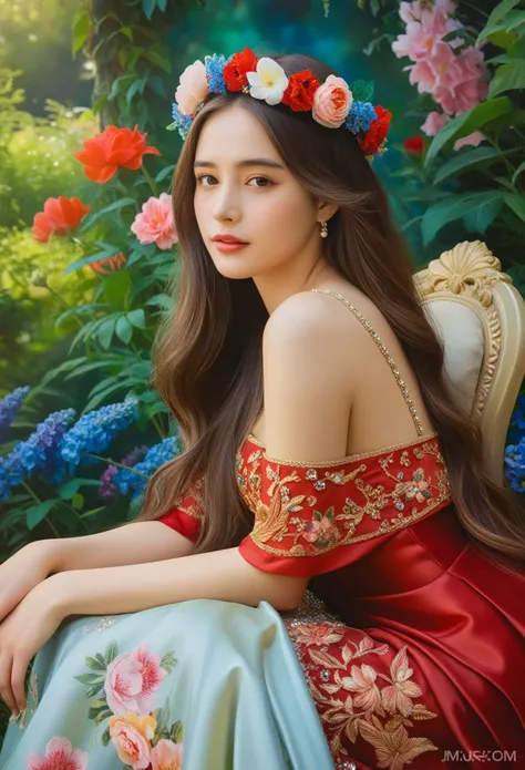 (Best Quality, 4K, 8K, High Definition, Masterpiece:1.2), (Ultra Detailed, Realistic, Photorealistic:1.37), a beautiful young woman with delicate facial features,flower crown,long elegant hair,ornate jeweled headpiece,red silk dress,sitting in a lush garde...