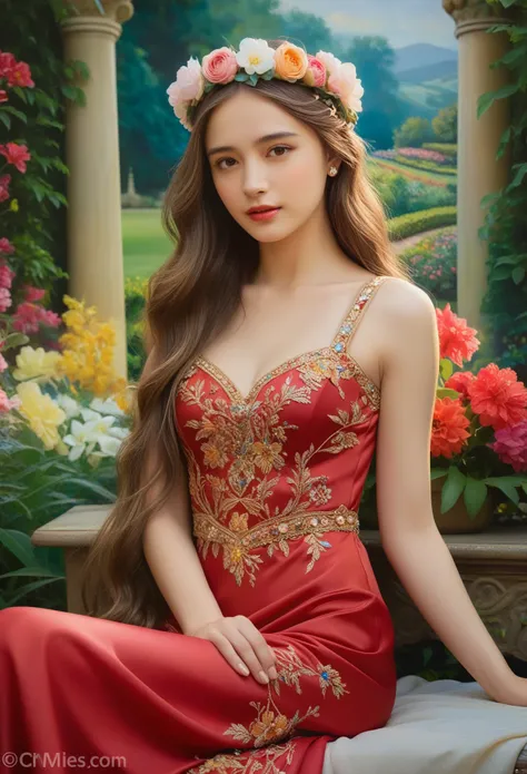 (Best Quality, 4K, 8K, High Definition, Masterpiece:1.2), (Ultra Detailed, Realistic, Photorealistic:1.37), a beautiful young woman with delicate facial features,flower crown,long elegant hair,ornate jeweled headpiece,red silk dress,sitting in a lush garde...