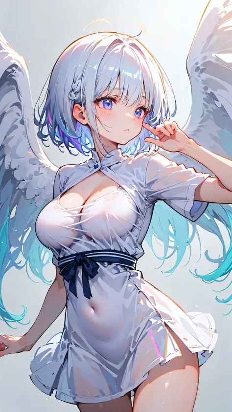 Ultra-high resolution, 8k,high quality,(((Cute tops,Angel))),(Retrospective angle,Cunning Hand),(、glowing、iridescent light,soft shadow,Anime Painting,thin line drawing),One Little Woman,(((giga breasts,))),