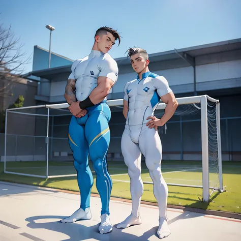 full view full body, two different young over-muscular white college boys with undercut haircuts, wearing pale-blue lycra sport tights, pale blue lycra socks, no shoes , standing posing for a photo , embraced, on football yard, their pale-blue socks must b...