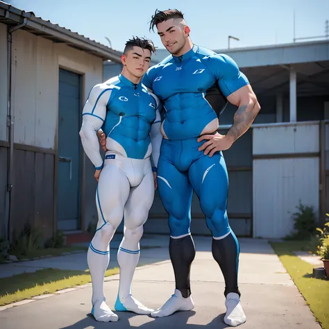 full view full body, two different young over-muscular white college boys with undercut haircuts, wearing pale-blue lycra sport tights, pale blue lycra socks, no shoes , standing posing for a photo , embraced, on football yard, their pale-blue socks must b...