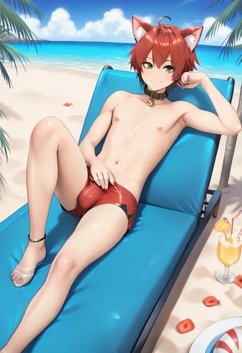 (Masterpiece), (Best Quality), ((Highly Detailed)), anime Boy with red hair and green eyes and cat ears, wearing a collar, full body, lying on a beach chair, naked, wearing swimming trunks, nsfw, very large bulge in the crotch, smiling, sexy, 4k, 8k, anime...