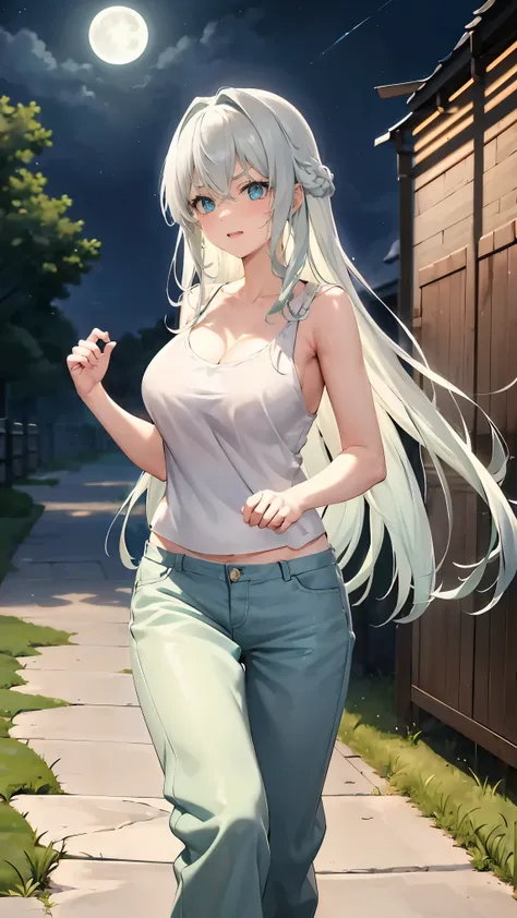 Long green hair,Inner color and white hair、 Beautifully shaped breasts with tension, Green Eyes, Moonlight、moonlight、、、,The whole body from head to toe、Proud expression、Older sister、Emotionally rich facial expressions、(Running through the air)、Crisp eyebro...