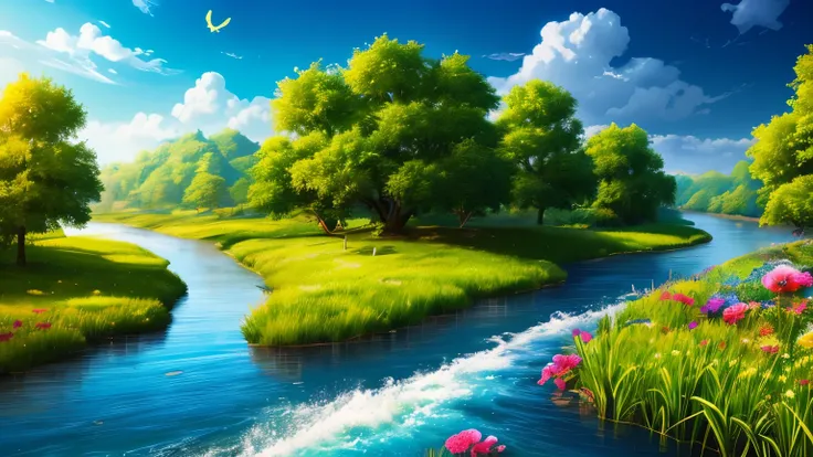 masterpiece, 最high quality, high quality, Very detailed CG unity 8k wallpaper, Bright colors and bright skies、an extremely colorful and pure fantasy environment, bright green grass landscape, colorful trees々々, Shining Fruit, Bright blue flowers. The color ...