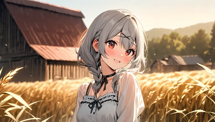 (masterpiece),(Highest quality),One woman, 20-year-old,Gray hair color black mesh,Beautiful red eyes, Tall and attractive, Wearing a cute country dress, Braided hair, Standing on a rural farm. Shes gentle, A kind smile and expressive eyes. A charming barn ...