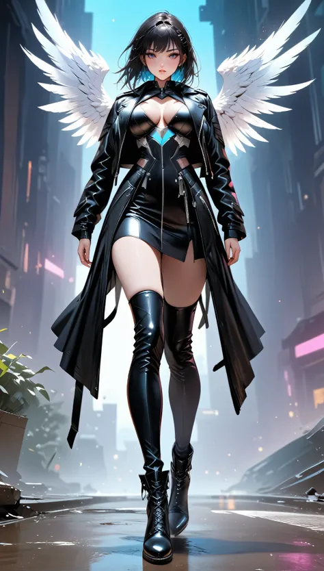 a picture of an mecha angel wearing black leather jacket, ((full body: 1.5)), exotic beautiful angel ((anatomically correct: 1.5), (ultra detailed face: 1.2), best detailed face, busty, folded wings, white angel wings, (white mecha armor: 1.3), she is wear...