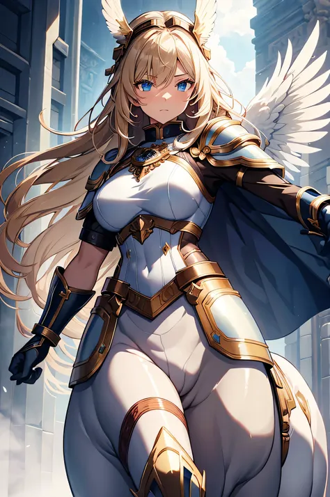 4K,High resolution,One Woman,centaur,Blonde,long hair,Blue Eyes,Brown fur,Valkyrie,White sacred armor,Full Armor,White gloves,Winged headgear,Jewelry decoration,Holy Sword,Temple in the Sky