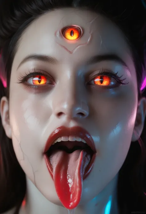 1 beautiful female demon, a scene from a science horror fiction movie, beautiful detailed eyes, (a third eye on the forehead:1.5...